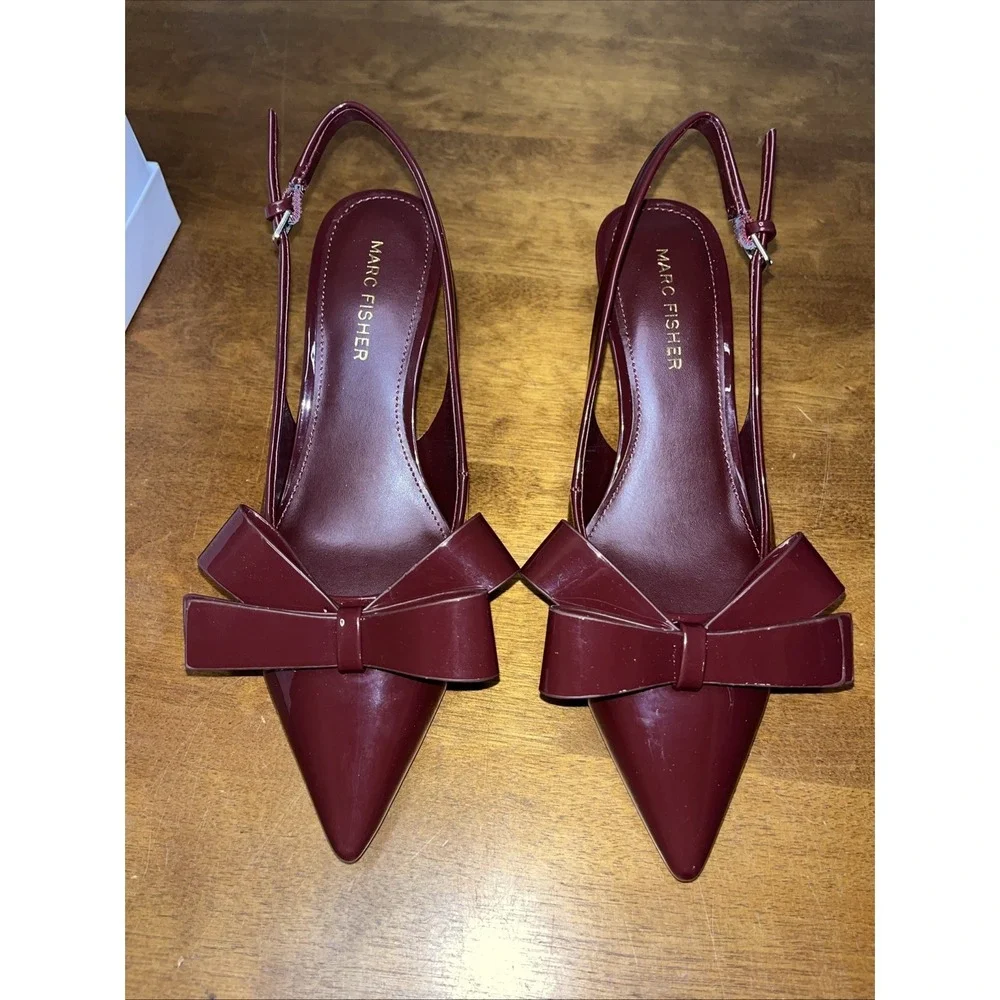 Marc Fisher Dark Red Allon Sling Back Kitten Heels Sz 6.5M W/Bow Coquette New